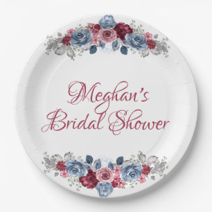 Dusty Blue and Burgundy Bridal Shower Paper Plate