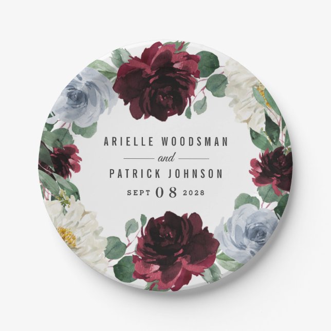 Dusty Blue and Burgundy Cranberry Fall Event Paper Plate (Front)