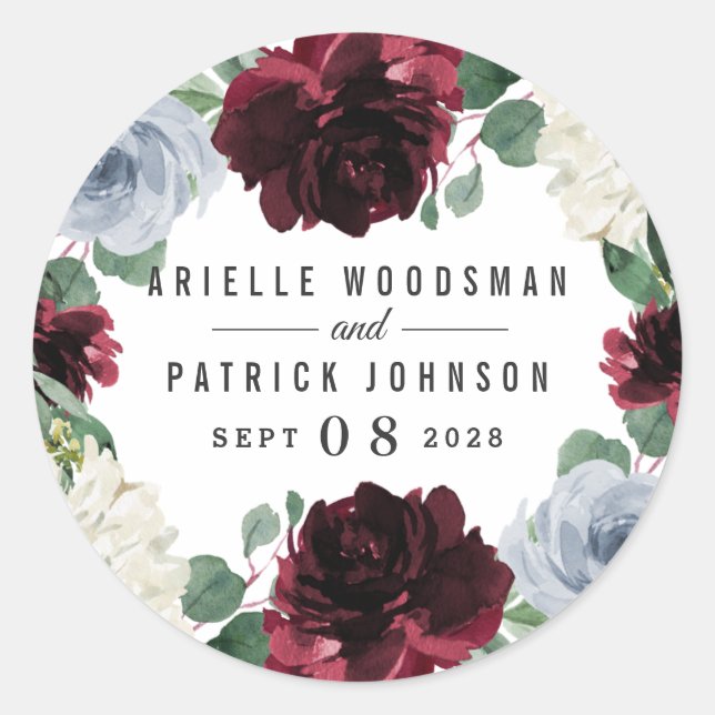 Dusty Blue and Burgundy Cranberry Fall Wedding Classic Round Sticker (Front)