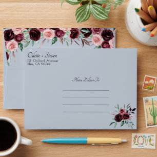 Dusty Blue and Burgundy Elegant Floral Wedding Envelope