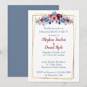 Dusty Blue and Burgundy Engagement Party  Invitation