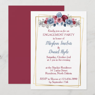 Dusty Blue and Burgundy Engagement Party   Invitation