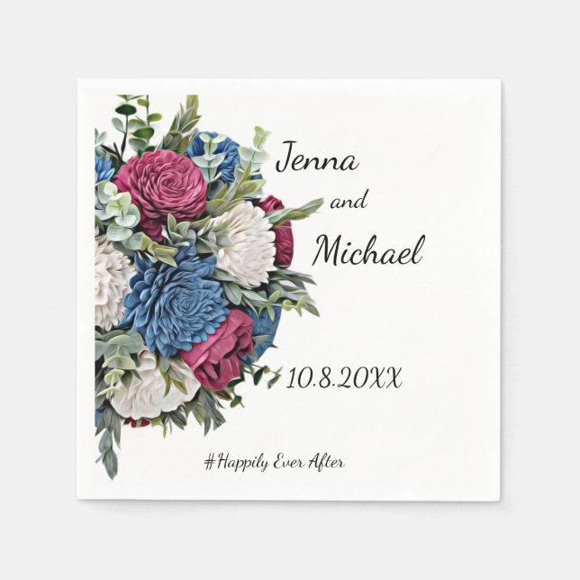 Dusty Blue and Burgundy Floral Napkin (Front)