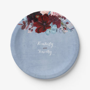 Dusty Blue and Burgundy Floral Watercolor Paper Plate