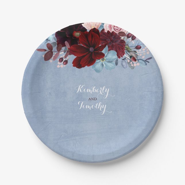 Dusty Blue and Burgundy Floral Watercolor Paper Plate (Front)