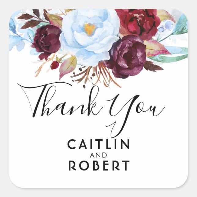 Dusty Blue and Burgundy Flowers Elegant Thank You Square Sticker (Front)