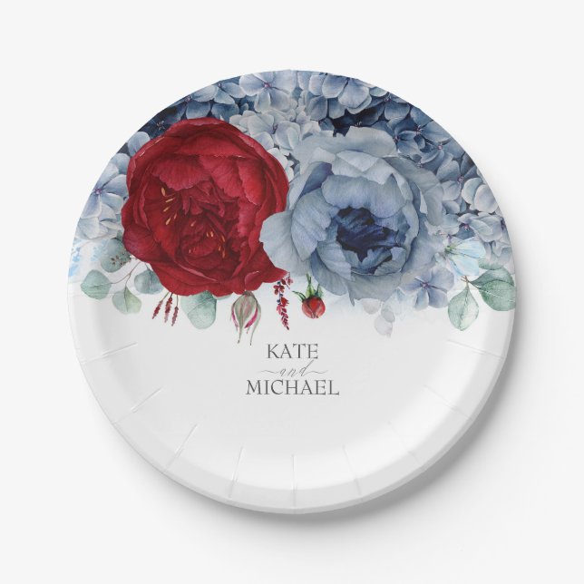 Dusty Blue and Burgundy Red Floral Elegant Paper Plate (Front)