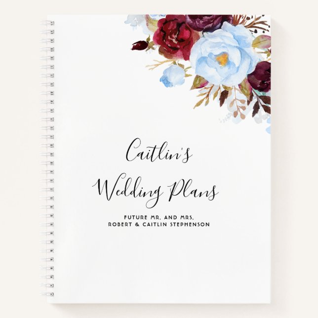 Dusty Blue and Burgundy Red Floral Wedding Plans Notebook (Front)
