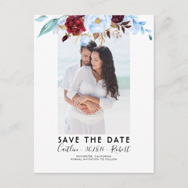Dusty Blue and Burgundy Red Photo Save the Date Announcement Postcard (Front)