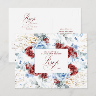 Dusty Blue and Burgundy Red Wedding RSVP Postcard