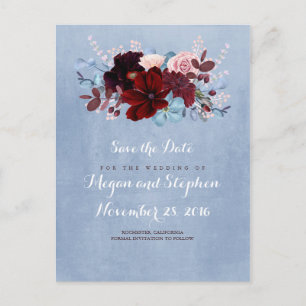 Dusty Blue and Burgundy Save the Date Announcement Postcard