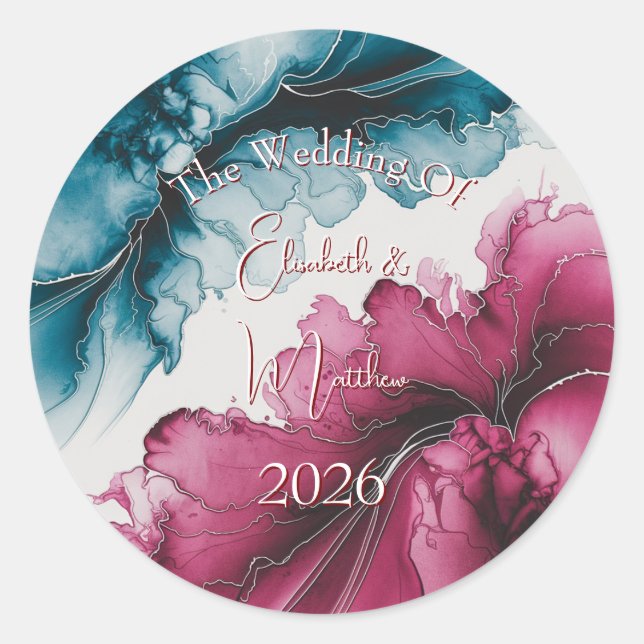 Dusty Blue and Burgundy Swirl Wedding Classic Round Sticker (Front)