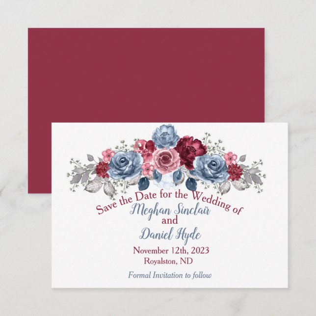 Dusty Blue and Burgundy Wedding  Save The Date (Front/Back)
