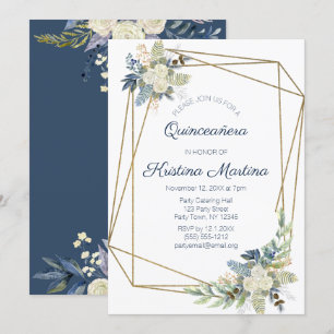 Dusty Blue and Cream Floral Quinceañera Birthday Invitation