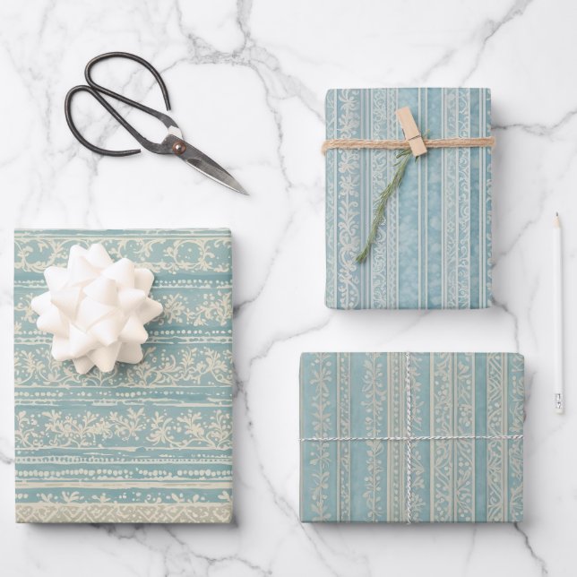 Dusty Blue and Cream Striped Wrapping Paper Sheet (Front)