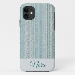 Dusty Blue and Cream Stripes Personalized iPhone 11 Case