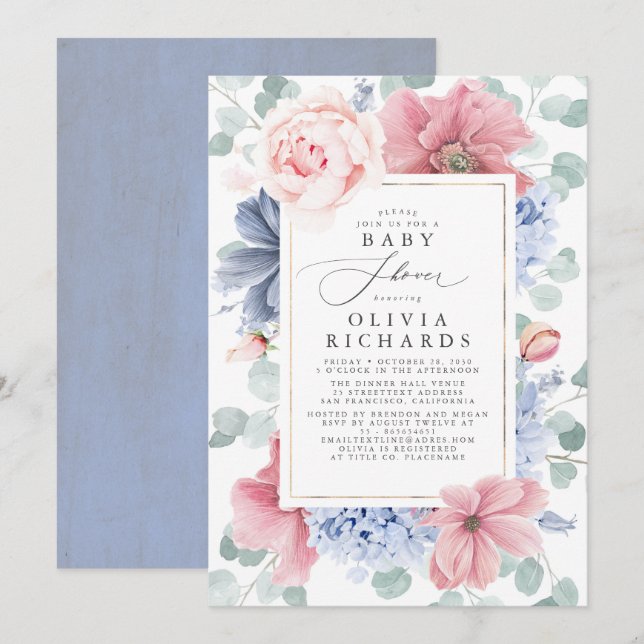Dusty Blue and Dusty Pink Floral Baby Shower Invitation (Front/Back)