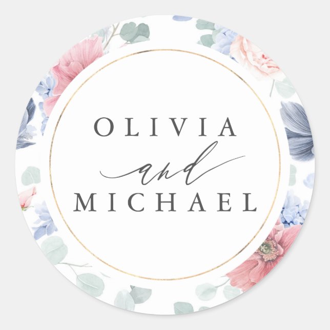 Dusty Blue and Dusty Pink Floral Elegant Wedding Classic Round Sticker (Front)