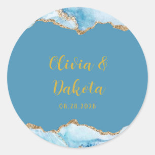Dusty Blue and Gold Agate Custom Wedding Classic Round Sticker
