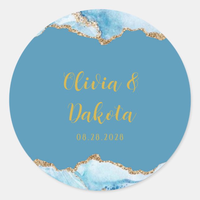 Dusty Blue and Gold Agate Custom Wedding Classic Round Sticker (Front)