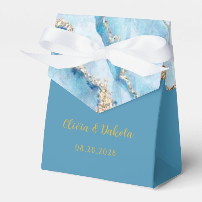 Dusty Blue and Gold Agate Custom Wedding Favor Box (Front Side)