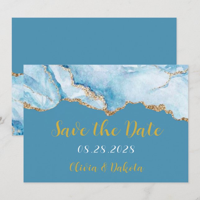 Dusty Blue and Gold Agate Save The Date Cards (Front/Back)