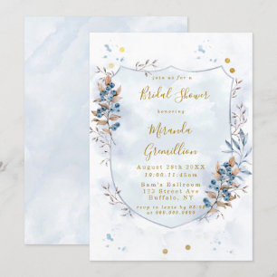 Dusty Blue and Gold Blueberries Bridal Shower Invitation