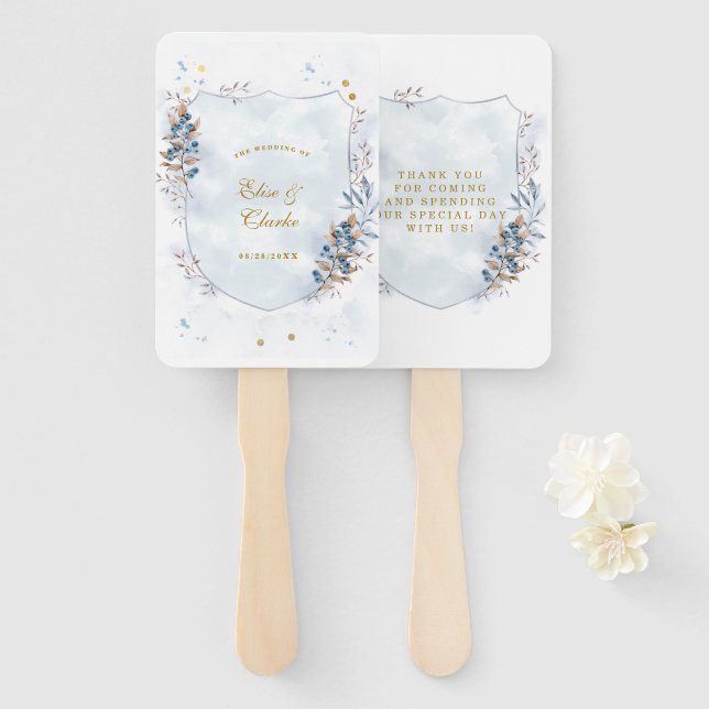 Dusty Blue and Gold Blueberries Wedding Thank You Hand Fan (Front and Back)