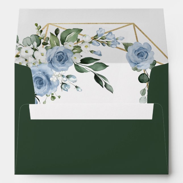 Dusty Blue and Gold Elegant Floral Green Wedding Envelope (Back (Bottom))