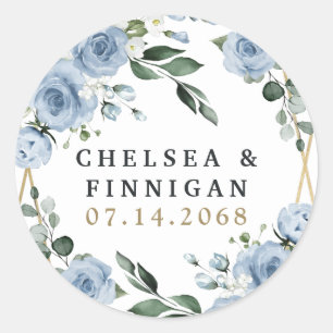 Dusty Blue and Gold Elegant Floral Rustic Wedding Classic Round Sticker