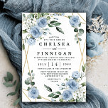 Dusty Blue and Gold Elegant Floral Rustic Wedding Invitation<br><div class="desc">Design features an elegant geometric gold coloured (printed) frame decorated in watercolor roses, peonies, hydrangea, baby's breath and more over various types of greenery branches and leaves. The dusty blue is designed to feature various shades of the colour within the flowers to match the variety of shades of this colour...</div>
