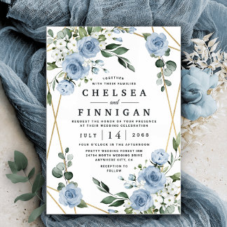 Dusty Blue and Gold Elegant Floral Rustic Wedding Invitation