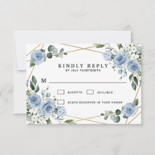 Dusty Blue and Gold Elegant Floral Rustic Wedding RSVP Card