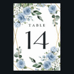 Dusty Blue and Gold Elegant Floral Rustic Wedding Table Number<br><div class="desc">Design features an elegant geometric gold coloured (printed) frame decorated in watercolor roses, peonies, hydrangea, baby's breath and more over various types of greenery branches and leaves. The dusty blue is designed to feature various shades of the colour within the flowers to match the variety of shades of this colour...</div>