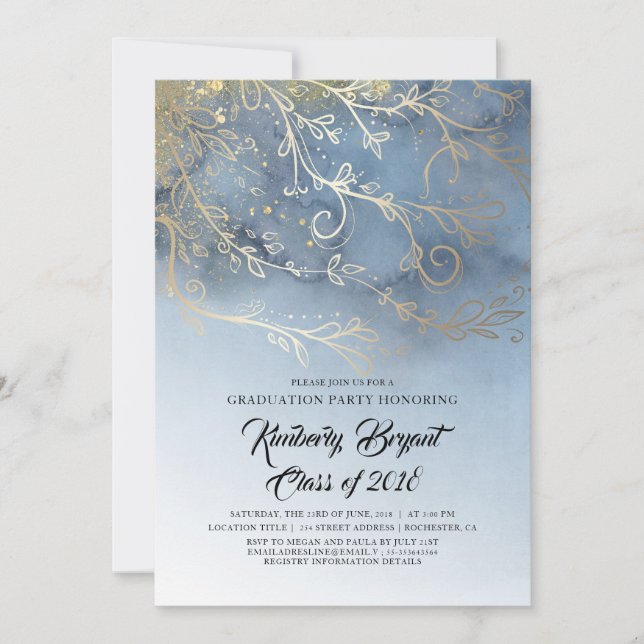 Dusty Blue and Gold Elegant Graduation Party Invitation (Front)