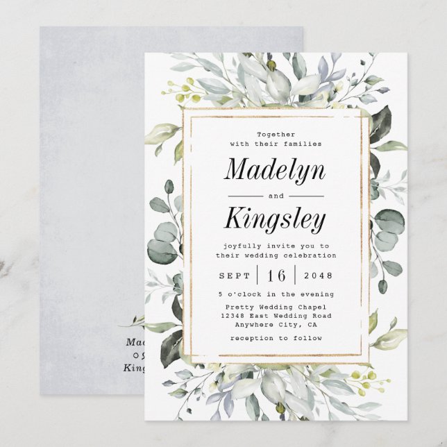 Dusty Blue and Gold Elegant Rustic Floral Wedding Invitation (Front/Back)
