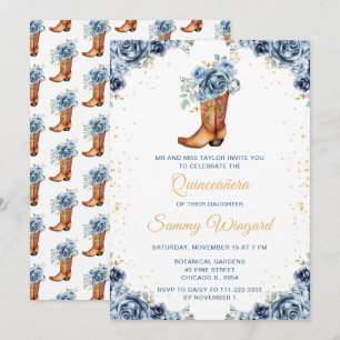 Dusty Blue and Gold Floral Cowboy Boot Quinceañera Invitation