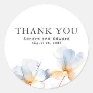 Dusty Blue and Gold Floral Modern Thank You Classic Round Sticker