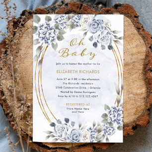 Dusty Blue and Gold Floral   Oh Baby Shower Invitation