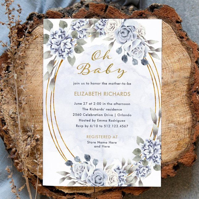 Dusty Blue and Gold Floral | Oh Baby Shower Invitation (Creator Uploaded)