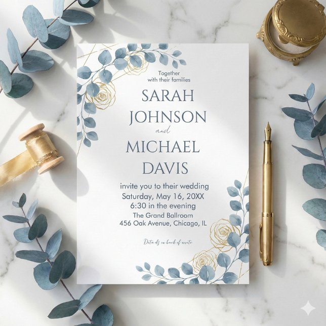 Dusty Blue and Gold Floral wedding Invitation (Creator Uploaded)