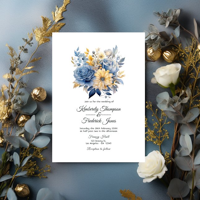 Dusty Blue and Gold Floral Wedding Invitation (Dusty Blue and Gold Floral Wedding Invitation)
