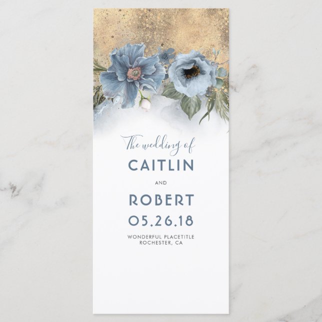 Dusty Blue and Gold Floral Wedding Programs (Front)