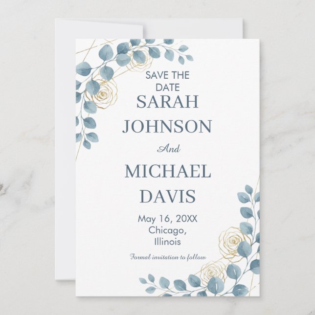 Dusty Blue And Gold Floral Wedding Save The Date (Front)