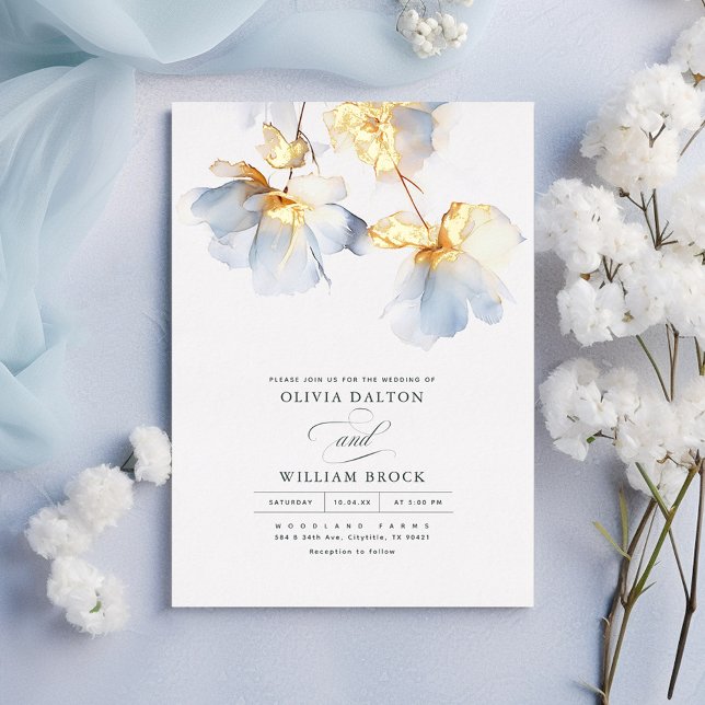 Dusty Blue and Gold Flowers Minimalist Wedding (Dusty Blue and Gold Floral Minimalist Wedding Invitations)