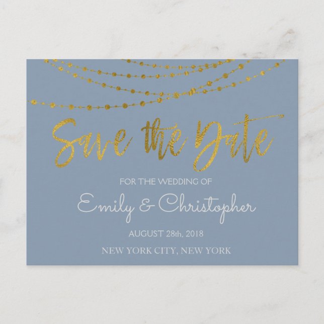 Dusty Blue and Gold Foil Save the Date Announcement Postcard (Front)