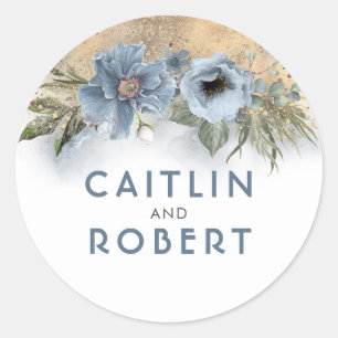 Dusty Blue and Gold Glitter Floral Wedding Classic Round Sticker