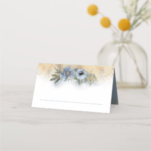 Dusty Blue and Gold Glitter Floral Wedding Place Card