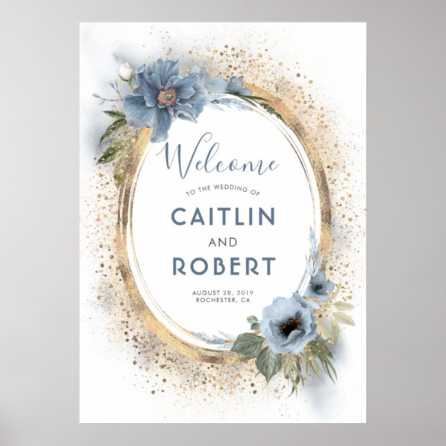 Dusty Blue and Gold Glitter Wedding Sign (Front)