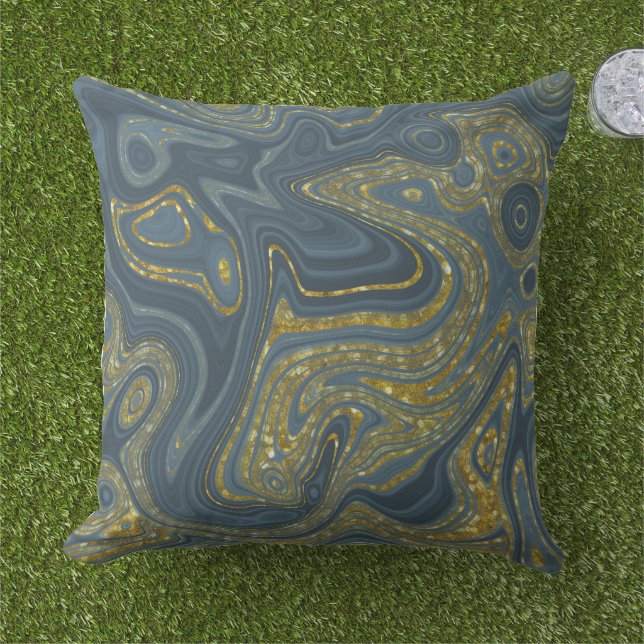 Dusty Blue and Gold Marble Look Pattern Outdoor Pillow (Grass)